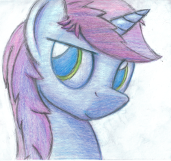 Size: 2631x2480 | Tagged: dead source, safe, artist:aemantaslim, oc, oc only, oc:gyro tech, pony, unicorn, bust, colored pencil drawing, male, portrait, solo, stallion, traditional art