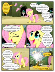 Size: 612x792 | Tagged: safe, artist:newbiespud, edit, edited screencap, screencap, discord, fluttershy, butterfly, draconequus, pegasus, pony, comic:friendship is dragons, the return of harmony, annoyed, comic, dialogue, eyes closed, female, flower, hedge maze, male, mare, raised hoof, screencap comic, smiling, smug, teleportation