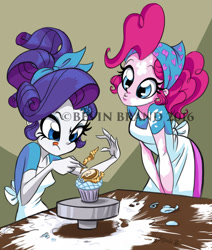 Size: 1280x1507 | Tagged: safe, artist:bevin brand, pinkie pie, rarity, equestria girls, apron, baking, bandana, bow, clothes, cupcake, duo, female, flour, food, hair bow, headscarf, obtrusive watermark, official fan art, scarf, watermark