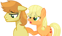 Size: 1224x720 | Tagged: safe, artist:sapphireartemis, applejack, braeburn, earth pony, pony, applecest, braejack, female, hatless, incest, male, missing accessory, sad, shipping, simple background, story included, straight, transparent background, white outline