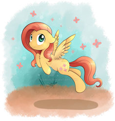 Size: 869x920 | Tagged: safe, artist:nairua, fluttershy, butterfly, pegasus, pony, cute, deviantart watermark, female, mare, obtrusive watermark, shyabetes, signature, solo, watermark