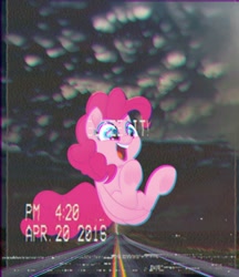 Size: 720x833 | Tagged: safe, pinkie pie, earth pony, pony, 420, aesthetics, female, mare, open mouth, outdoors, smiling, solo, timestamp, vector, vhs