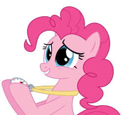 Size: 1789x1681 | Tagged: safe, artist:killagouge, pinkie pie, earth pony, pony, too many pinkie pies, bust, female, hoof hold, mare, simple background, smiling, solo, stopwatch, transparent background, vector