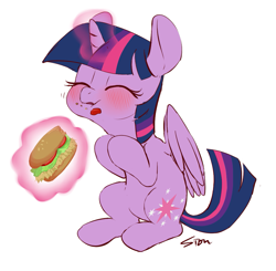 Size: 1005x984 | Tagged: safe, artist:sion, twilight sparkle, twilight sparkle (alicorn), alicorn, pony, blushing, burger, cute, eating, eyes closed, female, food, glowing horn, hay burger, ketchup, magic, mare, sauce, simple background, sitting, solo, telekinesis, that pony sure does love burgers, twilight burgkle, white background