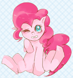 Size: 552x587 | Tagged: safe, artist:ochacha111, pinkie pie, earth pony, pony, cute, diapinkes, female, mare, one eye closed, sitting, solo