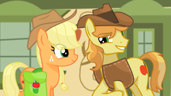 Size: 2485x1404 | Tagged: safe, artist:sapphireartemis, applejack, braeburn, earth pony, pony, applecest, braejack, female, incest, male, saddle bag, shipping, story included, straight