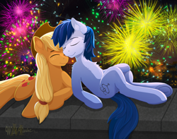 Size: 2200x1737 | Tagged: safe, artist:wildviolet-m, applejack, oc, oc:constance everheart, earth pony, pony, canon x oc, commission, cowboy hat, everjack, eyes closed, female, fireworks, hat, male, shipping, smiling, stetson, straight