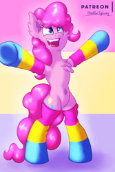 Size: 1500x2250 | Tagged: safe, artist:shad0w-galaxy, pinkie pie, earth pony, pony, belly button, bipedal, chest fluff, clothes, female, mare, pansexual, pansexual pride flag, patreon, patreon logo, pride, pride flag, pride month, socks, solo, striped socks