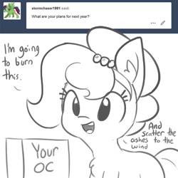 Size: 660x660 | Tagged: safe, artist:tjpones, edit, oc, oc only, oc:brownie bun, earth pony, pony, horse wife, ask, breaking the fourth wall, chest fluff, dialogue, ear fluff, female, grayscale, mare, monochrome, simple background, solo, tumblr, white background