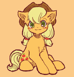 Size: 477x500 | Tagged: safe, artist:tsukuda, applejack, earth pony, pony, applejack's hat, blushing, chest fluff, clothes, cowboy hat, cute, female, hat, jackabetes, looking at you, mare, orange background, simple background, smiling