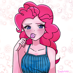 Size: 768x768 | Tagged: safe, artist:hyanna-natsu, artist:leone di cielo, pinkie pie, equestria girls, blushing, bust, candy, colored pupils, cute, diapinkes, female, flower, food, lollipop, simple background, sleeveless, solo, trace, white background