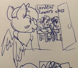 Size: 2760x2416 | Tagged: safe, artist:rainbow eevee, lyra heartstrings, pinkie pie, oc, oc:landen irelan, oc:rainbow eevee, earth pony, pony, blushing, desk, door, drawing, lineart, tongue out, traditional art