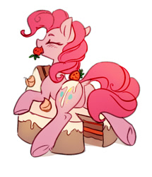 Size: 721x838 | Tagged: safe, artist:tomatocoup, edit, pinkie pie, earth pony, pony, balloonbutt, blushing, butt, cake, cute, diapinkes, dock, eyes closed, featureless crotch, female, food, foodplay, mare, mouth hold, plot, rear view, sfw edit, simple background, solo, strawberry, underhoof, white background