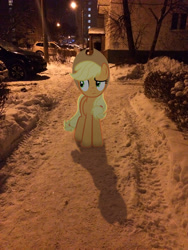 Size: 2448x3264 | Tagged: artist needed, safe, artist:albertuha, applejack, pony, car, city lights, irl, night, photo, ponies in real life, snow, solo, winter