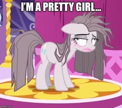 Size: 562x500 | Tagged: safe, edit, edited screencap, screencap, pinkie pie, pony, yakity-sax, captioned, cropped, depressed, derp, fashion disaster, female, makeup, mare, meme, pinkamena diane pie