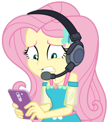 Size: 4075x4500 | Tagged: safe, artist:sketchmcreations, fluttershy, better together, choose your own ending, costume conundrum, equestria girls, clothes, dress, female, geode of fauna, grimace, headset, magical geodes, phone, simple background, transparent background, vector