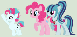 Size: 852x416 | Tagged: safe, artist:themexicanpunisher, pinkie pie, sonata dusk, oc, oc:allegro, earth pony, pony, base used, colt, equestria girls ponified, family, female, green background, lesbian, magical lesbian spawn, male, offspring, parent:pinkie pie, parent:sonata dusk, parents:pinata, pinata (ship), ponified, shipping, simple background