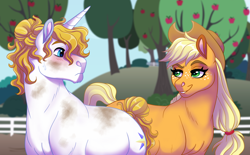 Size: 2182x1352 | Tagged: safe, artist:cascayd, applejack, prince blueblood, earth pony, pony, unicorn, bluejack, blushing, cowboy hat, female, hat, male, mare, shipping, smiling, stallion, stetson, straight, sweet apple acres, tree