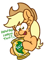 Size: 450x600 | Tagged: safe, artist:threetwotwo32232, applejack, earth pony, pony, chips, dialogue, female, food, mare, solo