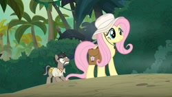 Size: 1676x944 | Tagged: safe, screencap, doctor caballeron, fluttershy, earth pony, pegasus, pony, daring doubt, cute, duo, female, hat, jungle, male, mare, saddle bag, shyabetes, stallion