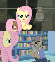 Size: 1600x1792 | Tagged: safe, edit, edited screencap, screencap, fluttershy, earth pony, pegasus, pony, daring doubt, book, bookshelf, bookstore, comic, disguise, fake beard, female, george r.r. martin, hat, male, mare, martingale, newsboy hat, saddle bag, screen, screencap comic, shelf, stallion, unamused, vase