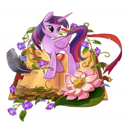 Size: 1400x1407 | Tagged: safe, artist:seanica, twilight sparkle, twilight sparkle (alicorn), alicorn, pony, book, female, flower, mare, quill, simple background, solo, white background