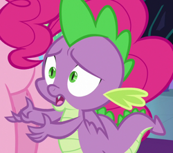 Size: 810x720 | Tagged: safe, screencap, pinkie pie, spike, dragon, earth pony, pony, the beginning of the end, claws, cropped, male, offscreen character, winged spike, wings