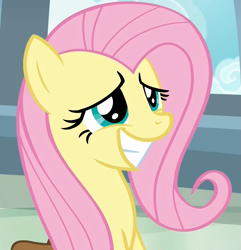 Size: 1041x1080 | Tagged: safe, screencap, fluttershy, pegasus, pony, daring doubt, cropped, cute, female, mare, saddle bag, shyabetes, sitting, smiling, solo