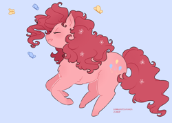 Size: 800x570 | Tagged: safe, artist:cxpreolus, artist:maykitz, pinkie pie, butterfly, earth pony, pony, belly fluff, blue background, chest fluff, cute, diapinkes, eyes closed, female, flower, flower in hair, leg fluff, mare, open mouth, profile, simple background, solo