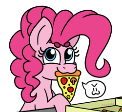 Size: 860x790 | Tagged: safe, artist:pink-pone, pinkie pie, earth pony, pony, :3, >:3, beanbrows, cute, diapinkes, eyebrows, food, meat, mouth hold, mushroom, pepperoni, pepperoni pizza, pictogram, pizza, ponies eating meat, simple background, solo, speech bubble, white background