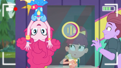 Size: 1920x1080 | Tagged: safe, screencap, duke suave, pinkie pie, better together, equestria girls, five lines you need to stand in, background human, camera shot, cute, diapinkes, female, geode of sugar bombs, happy, in which pinkie pie forgets how to gravity, looking at you, magical geodes, male, pinkie being pinkie, pinkie physics, ponk, recording, selfie drone, smiling, upside down