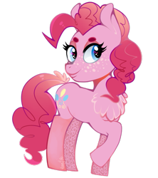 Size: 565x636 | Tagged: safe, artist:havocs, pinkie pie, earth pony, pony, chest fluff, eyeshadow, female, freckles, lidded eyes, looking sideways, makeup, mare, raised hoof, simple background, smiling, solo, transparent background