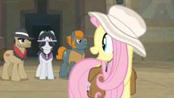 Size: 1600x900 | Tagged: safe, screencap, biff, fluttershy, rogue (character), withers, pegasus, pony, daring doubt, fedora, hat, henchmen, saddle bag, sideburns, sun hat, sunglasses