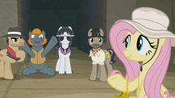 Size: 1600x898 | Tagged: safe, screencap, biff, doctor caballeron, fluttershy, rogue (character), withers, pegasus, pony, daring doubt, cheering, fedora, happy, hat, henchmen, smiling, sunglasses, sunhat, truth talisman