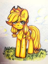 Size: 2296x3086 | Tagged: safe, artist:zefirka, applejack, earth pony, pony, applejack's hat, clothes, cloud, cowboy hat, female, grass, hat, mare, simple background, sky, solo, stetson, traditional art