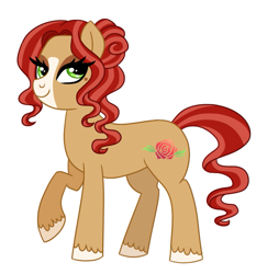 Size: 885x912 | Tagged: safe, artist:cascayd, oc, oc only, oc:scarlett rose, earth pony, pony, blaze (coat marking), crack ship offspring, female, mare, next generation, parent:cherry jubilee, parent:trouble shoes, parents:cherryshoes, raised hoof, simple background, solo, white background