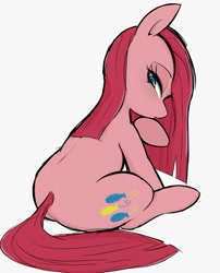 Size: 957x1185 | Tagged: safe, artist:manachaaaaaaaa, pinkie pie, earth pony, pony, back, balloonbutt, butt, female, lidded eyes, looking at you, looking back, looking back at you, mare, pinkamena diane pie, plot, sitting, solo
