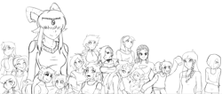 Size: 1495x636 | Tagged: safe, artist:dj-black-n-white, oc, oc only, oc:ariana, oc:asha, oc:bella, oc:chalk pie, oc:darcy, oc:dawn, oc:dingaling, oc:drizzle, oc:eventide, oc:hope, oc:ivy, oc:kimmy and mera, oc:mudpie, oc:mumble, oc:snapshot, oc:tonbo, oc:yuzu, satyr, grayscale, monochrome, offspring, parent:anon, parent:arimaspi, parent:big macintosh, parent:chimera sisters, parent:derpy hooves, parent:flitter, parent:fluttershy, parent:limestone pie, parent:lyra heartstrings, parent:oc:anon, parent:oc:miss eri, parent:photo finish, parent:pinkie pie, parent:princess celestia, parent:snails, parent:sunset shimmer, parent:zecora, parent:zephyr breeze, simple background, size difference, white background