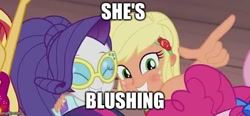 Size: 623x290 | Tagged: safe, edit, edited screencap, screencap, applejack, rarity, better together, equestria girls, i'm on a yacht, blushing, cropped, glasses, shipping fuel, sunburn