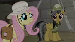 Size: 1600x900 | Tagged: safe, screencap, daring do, fluttershy, pegasus, pony, daring doubt, clothes, dark, hat, pith helmet, saddle bag, shirt, spider web, sun hat