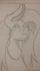 Size: 1836x3264 | Tagged: safe, artist:treble clefé, fluttershy, pegasus, pony, bust, fluttergoth, hidden wings, mascara, monochrome, photo, solo, traditional art