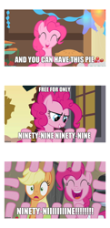 Size: 3480x7200 | Tagged: safe, edit, edited screencap, screencap, applejack, pinkie pie, earth pony, pony, a bird in the hoof, a friend in deed, hearthbreakers, applejack's hat, caption, cowboy hat, food, hat, image macro, mike the tv, multiple limbs, pie, reboot, reboot series, stetson, text