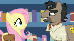 Size: 1920x1080 | Tagged: safe, screencap, doctor caballeron, fluttershy, earth pony, pegasus, pony, daring doubt, bookshelf, eye contact, looking at each other, male, out of context, saddle bag, smiling, stallion