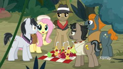 Size: 1920x1080 | Tagged: safe, screencap, biff, doctor caballeron, fluttershy, rogue (character), withers, earth pony, pegasus, pony, daring doubt, apple, apple juice, discovery family logo, female, food, henchmen, juice, jungle, male, mare, picnic, picnic blanket, saddle bag, stallion