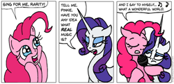 Size: 624x301 | Tagged: safe, artist:gingerfoxy, pinkie pie, rarity, earth pony, pony, unicorn, pony comic generator, comic, microphone, music