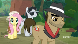 Size: 1920x1080 | Tagged: safe, screencap, biff, fluttershy, withers, pegasus, pony, daring doubt, disappointed, discovery family logo, female, hat, henchmen, jungle, male, mare, sad, saddle bag, stallion