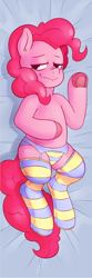 Size: 586x1758 | Tagged: safe, artist:raph13th, pinkie pie, pony, semi-anthro, adorasexy, bedroom eyes, body pillow design, clothes, colored hooves, cute, dialogue, frog (hoof), garter belt, on back, panties, scrunchy face, sexy, smiling, socks, solo, striped socks, underhoof, underwear