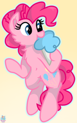 Size: 776x1224 | Tagged: safe, artist:rainbow eevee, pinkie pie, pony, cheek fluff, chest fluff, cotton candy, cute, diapinkes, female, food, gradient background, hoof hold, nom, simple background, solo