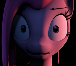 Size: 1242x1080 | Tagged: safe, artist:camtwosix, derpibooru exclusive, pinkie pie, pony, 3d, close-up, dark, despair, eyebrows, female, looking at you, mare, open mouth, pinkamena diane pie, sad, scared, shrunken pupils, solo, source filmmaker