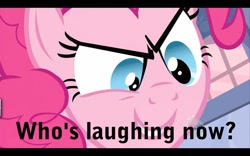 Size: 1000x625 | Tagged: safe, edit, edited screencap, screencap, pinkie pie, pony, baby cakes, caption, schadenfreude, smiling, smirk, who's laughing now